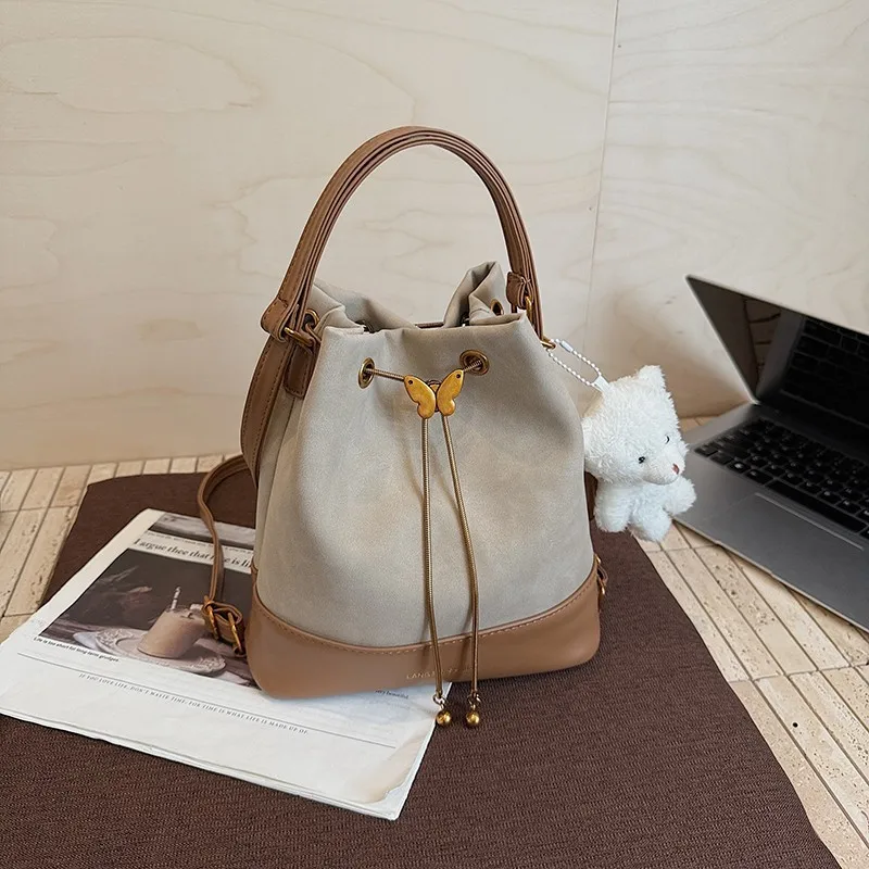 Women Faux Suede Drawstring Crossbody Purse with 2 Strap Medium Tote Bag for Travel Shopping Daily Use