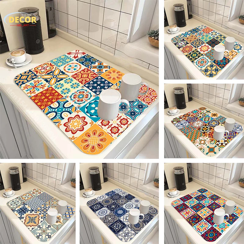 

Geometric Printing Dish Drying Mat Kitchen Tableware Coffee Draining Pad Super Absorbent Drainer Mats Cup Bottle Drain Placemat