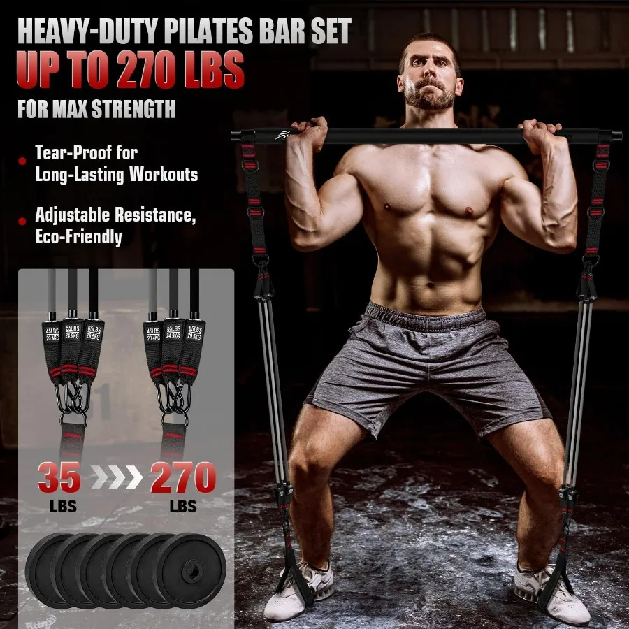 Pilates Bar Kit with Resistance Bands, Heavy Duty Multifunctional Pilates Workout Equipment for Strength Training, HIPS, Back, A