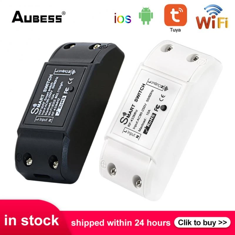 Aubess Smart Switch WiFi + RF 433 Single Circuit Breaker 100-245v Mini Dual Control WiFi Remote Control Switch Max 2200W/10A