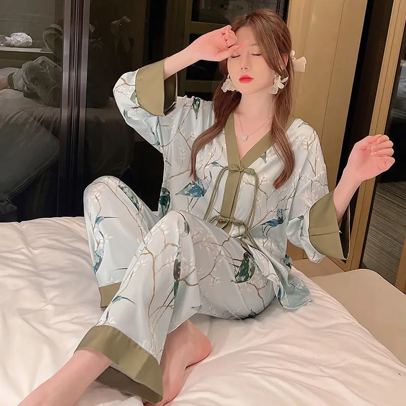 Women Ice Snow Silk Pajamas Spring Autumn Female Long Sleeve Thin Nightclothes Suit High-Grade Buckle Floral Casual Homewear long sleeve pajamas female age season sweet lovely ms han edition casual leisurewear suit new thin model