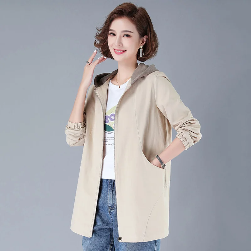 

Spring Autumn Color-Blocking Windbreaker Women Overcoat Fashion Loose Hooded Mother Wear Casual Jacket Letter Thin Outerwear
