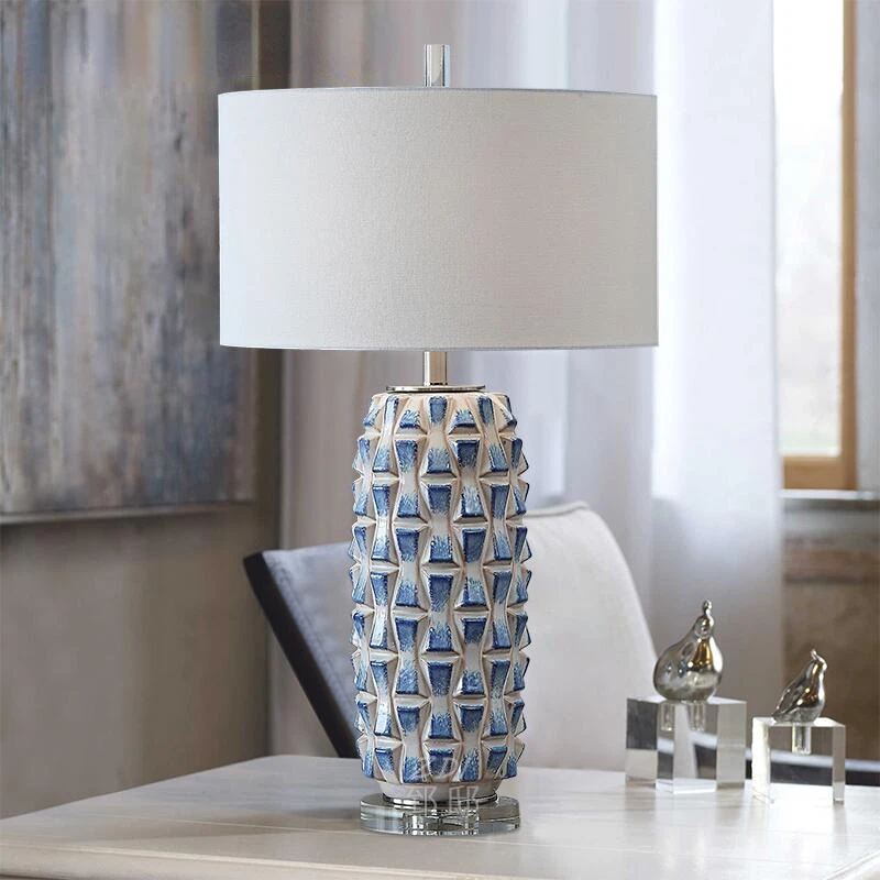 

Blue Ceramic Table Lamp Large Prismatic Creative Living Room Lighting Decoration Simple Bedroom Bedside Table Crystal Ornaments