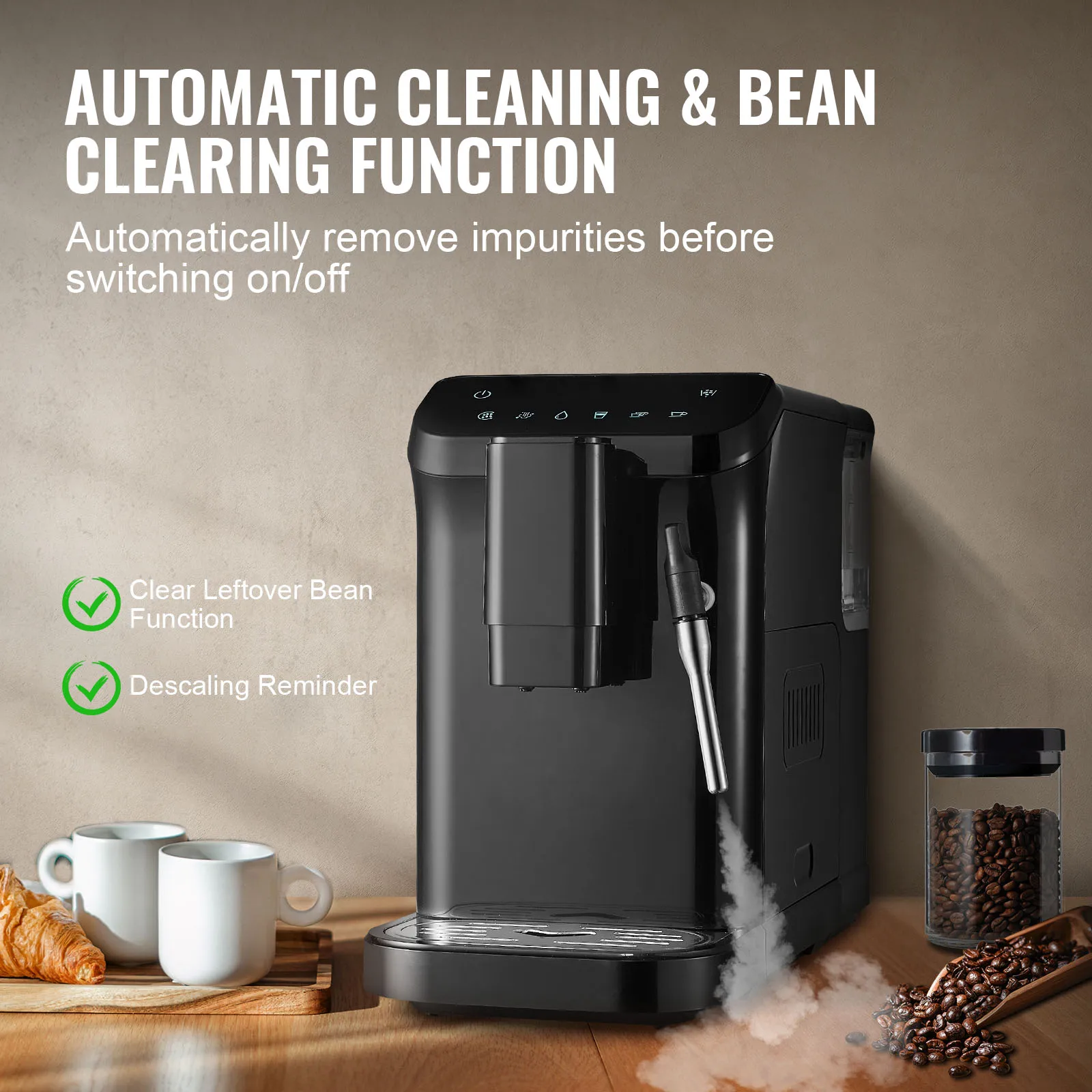 VEVOR Automatic Espresso Machine,20 Bar Auto Coffee Machine w/Frother Steam Wand,Built-In Grinder and 15-Level Grinding Settings 5