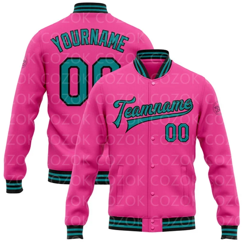 Custom Pink Green Color 3D Printed Baseball Button Jacket Bomber Full-Snap Varsity Letterman Jacket