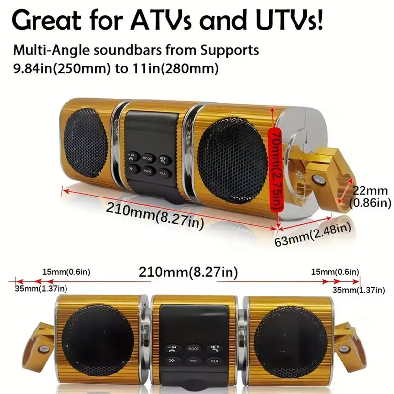 특이한 12V 오토바이 스피커 (내장 앰프, 무선 USB 및 AUX 입력, FM 라디오, 금속 MP3 플레이어 포함) 오프로드 바이크용