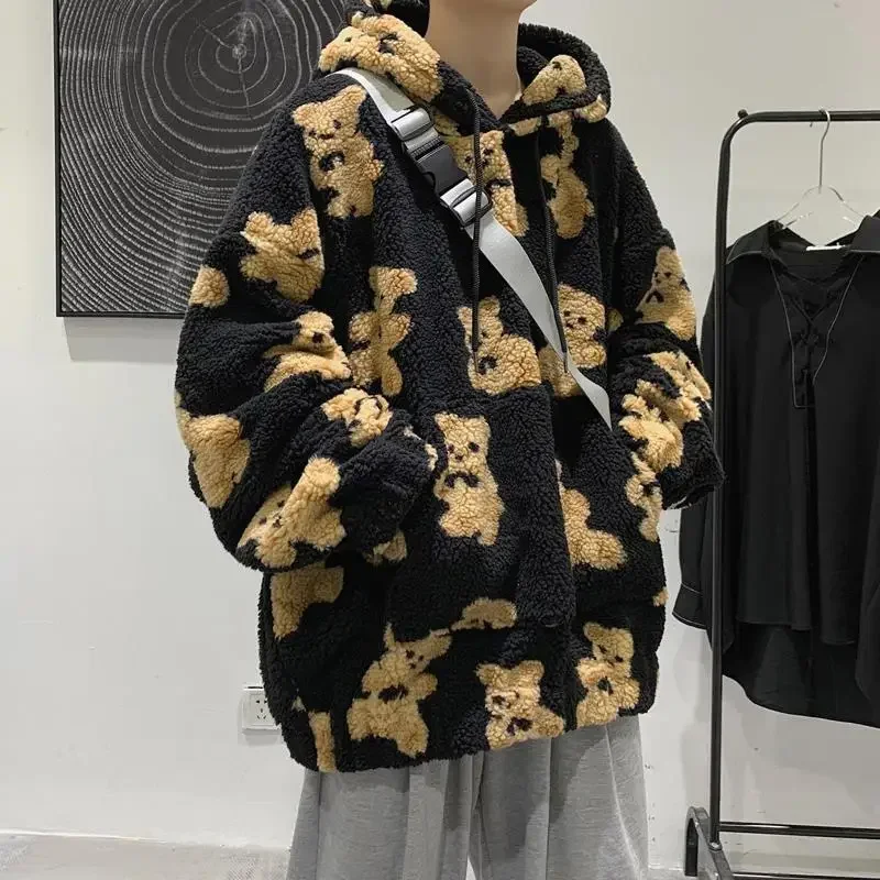 Lamb Wool Sweatshirt Women 2023 Cartoon Little Bear Pullover Y2K Hoodies Women Streetwear Trend Loose Men Tops Men's Winter Coat