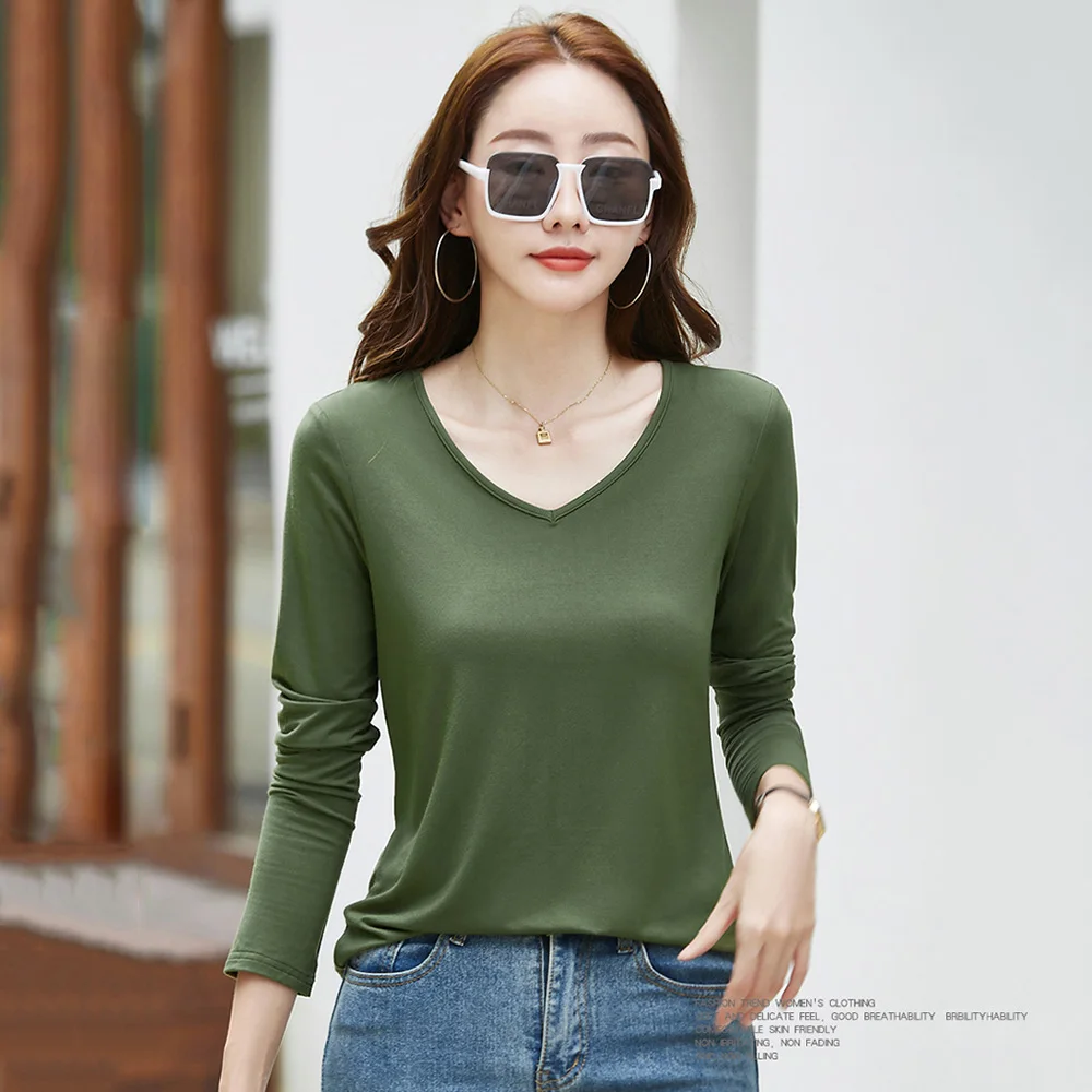 

New Women V-Neck Long Sleeve T-shirt Spring Autumn Fashion Simplicity Solid Color Casual Loose Modal Tees Tops Basics Pullover