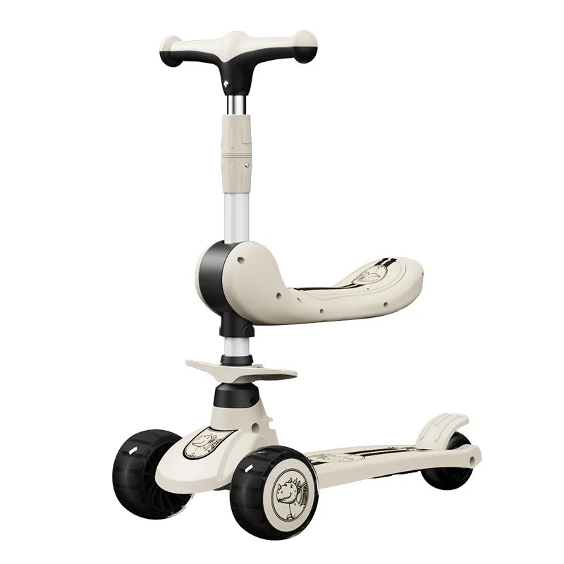 2 IN 1 Children's Kick Scooter 3 Height Adjustable Music Light Foldable 3-Wheels Child Scooter Boy Girl Age 2-10