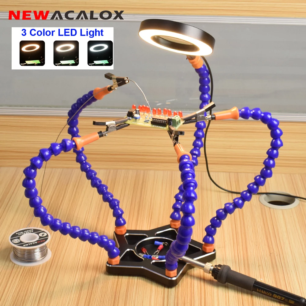 

NEWACALOX Soldering Iron Holder 5PC Flexible Helping Hands with 3X LED Magnifier Lamp for DIY Welding Work Soldering Station