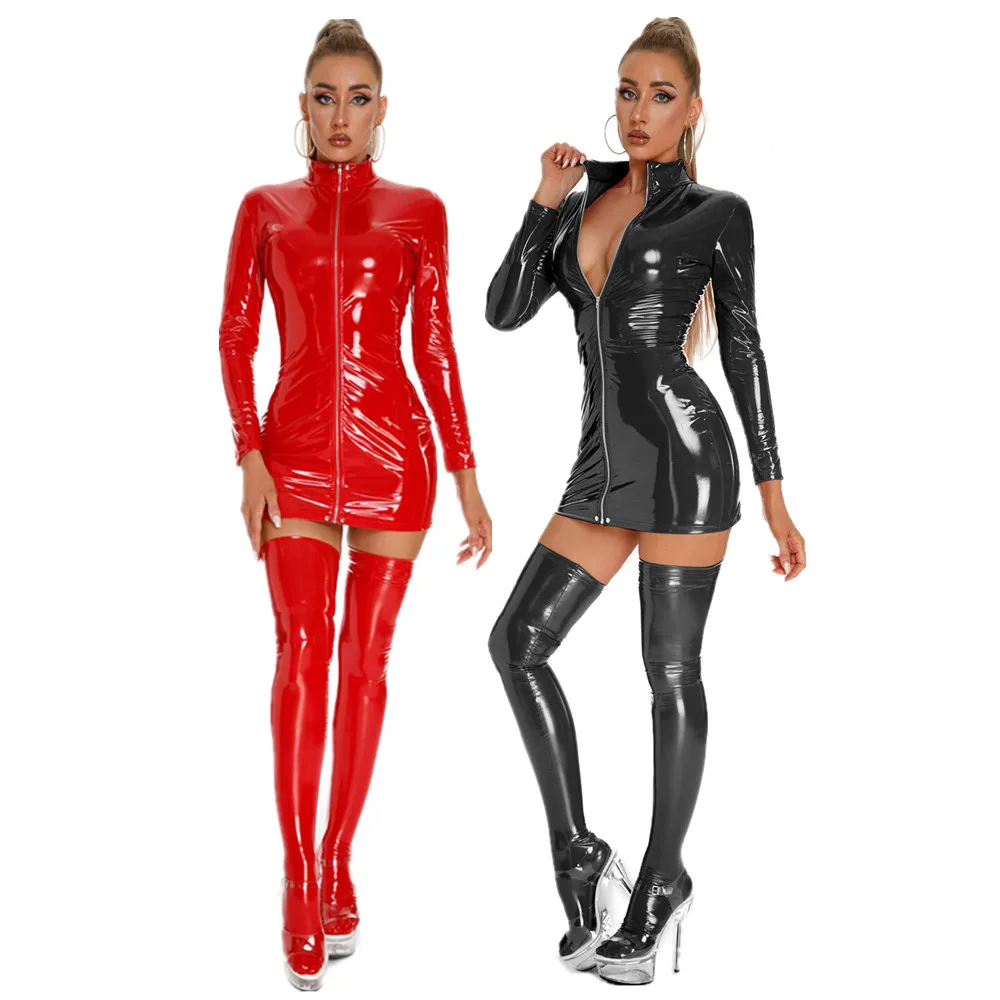 

Plus Size High Elastic Shiny Faux Leather Dress Sexy Women PVC Patent Leather Nightclub Zipper Long Sleeve Tight Dress