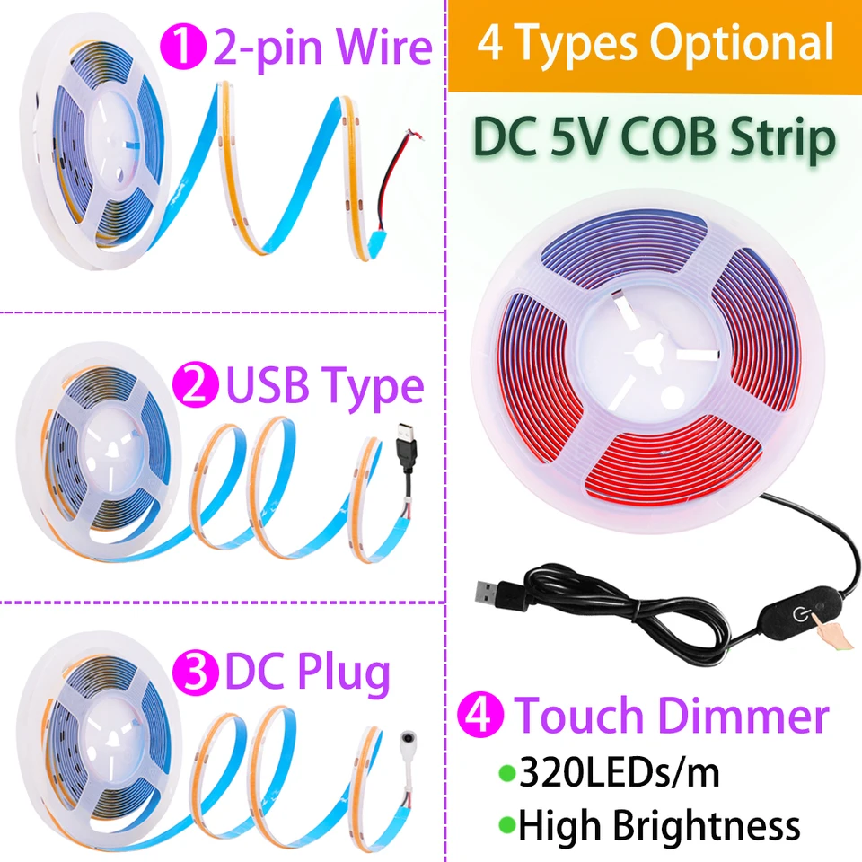 5V 8mm Width USB COB LED Strip Lights With Dimmable Switch