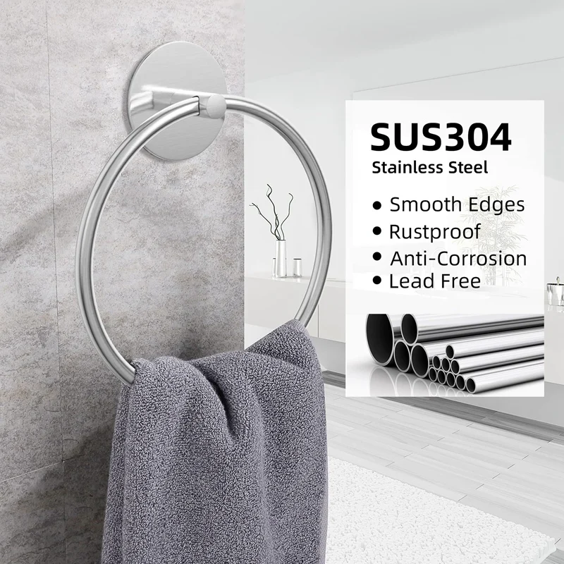 Bathroom Towel Ring Stainless Steel Bathroom Towel Rack, Adhesive Wall Mounted Hand Towels Holder