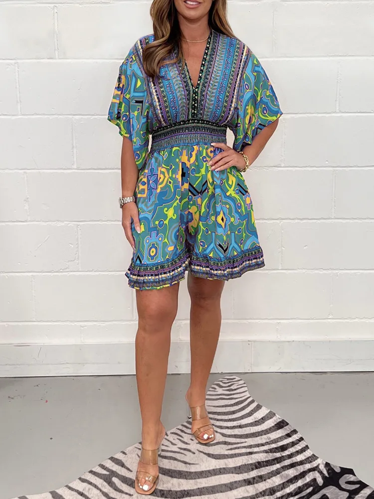 

Casual Jumpsuits Women Summer New Printed Short Sleeves V-neck High Waist Jumpsuit Shorts Fashion Bohemian Beach Style Playsuits