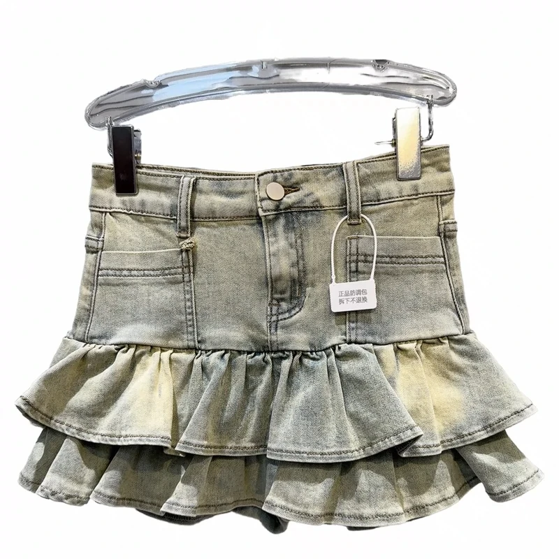 2024 Summer New American Hot Girl Style Washed and Worn Pocket Design Denim Cake Skirt Short Skirt for Women