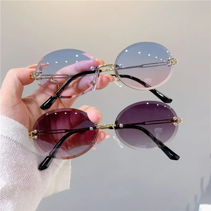 

Summer Trendy Sunglasses For Woman Rimless Cut-edge Sunglass Oval Fashion Brand Designer Shades Pink Women's SunGlasses UV400