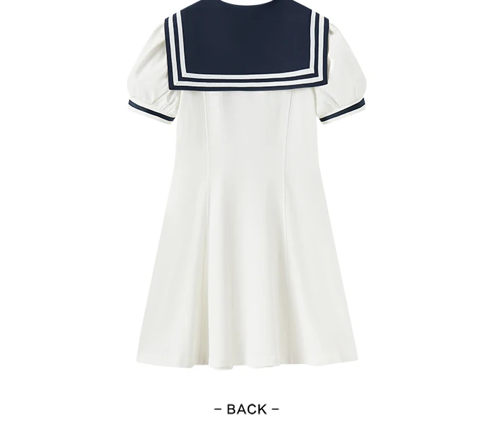 Vestido de verano para mujer, con mangas abullonadas, dulce, nuevo, con temperamento en contraste, cuello azul marino, vestido de primer amor, estilo academia.