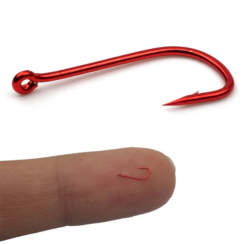 Super Mini 100 Stück Kleine Angelhaken 1 # -10 # Widerhaken aus Hochkarbon-Stahl, Rot, mit Ösen, Gebogener Köderhalter, Ringförmiger Karpfenhaken, Angelzubehör – Detail 1