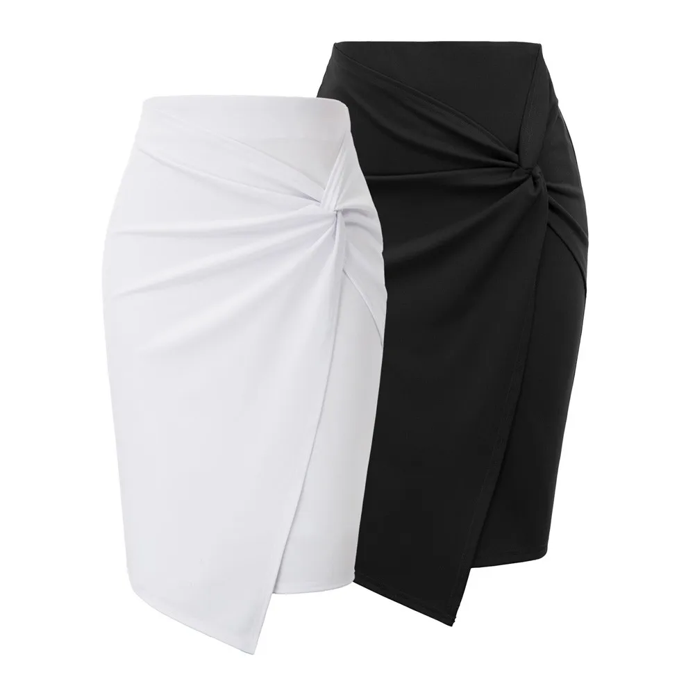 GK Women Asymmetrical Wrap Front Bodycon Skirt 2pcs-Pack Solid Color Slim Fit Knee-length Causal Office Lady Hip Wrap Skirt