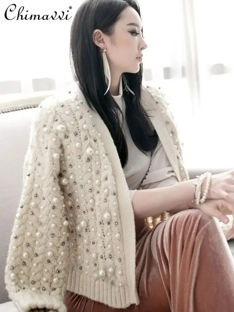 

Spring Autumn 2023 New Handmade Beaded Thick Thread Knitted Cardigan V-neck Loose-Fitting Long Sleeve Sweater Coat for Women