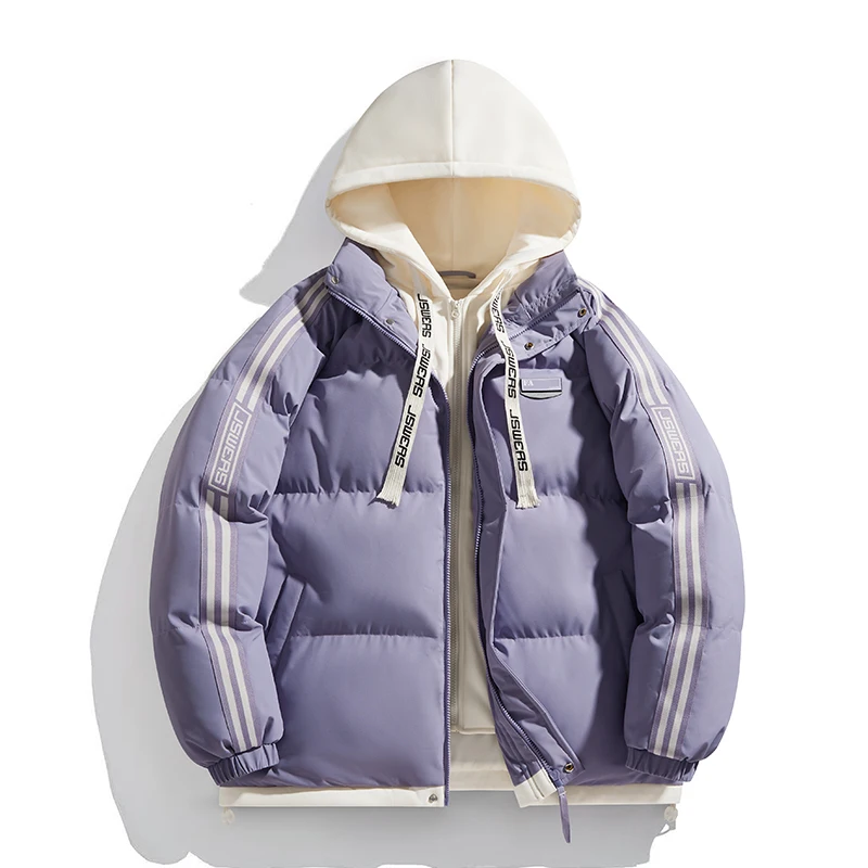 New Solid Color Hooded Couple Style Autumn Winter Trendy Hooded Fake Two-piece Jacket Windproof Thickened Warm Padded Jacket