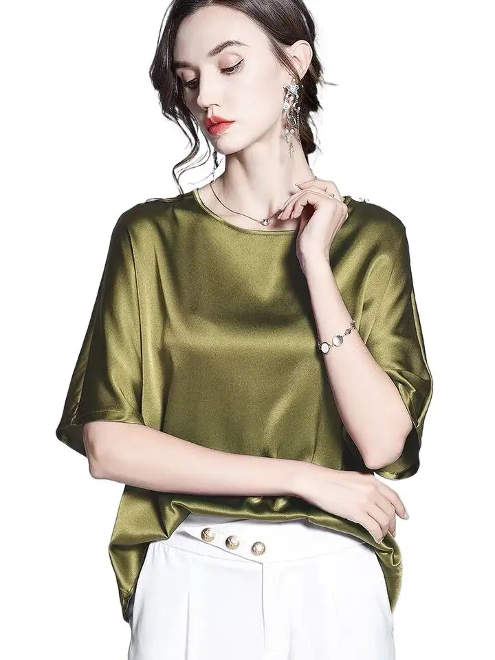 

Office lady half Sleeve O-neck Bat Tops Loose casual Ice Silk Blouse Avocado Green Women's Summer Acetate satin Shirt