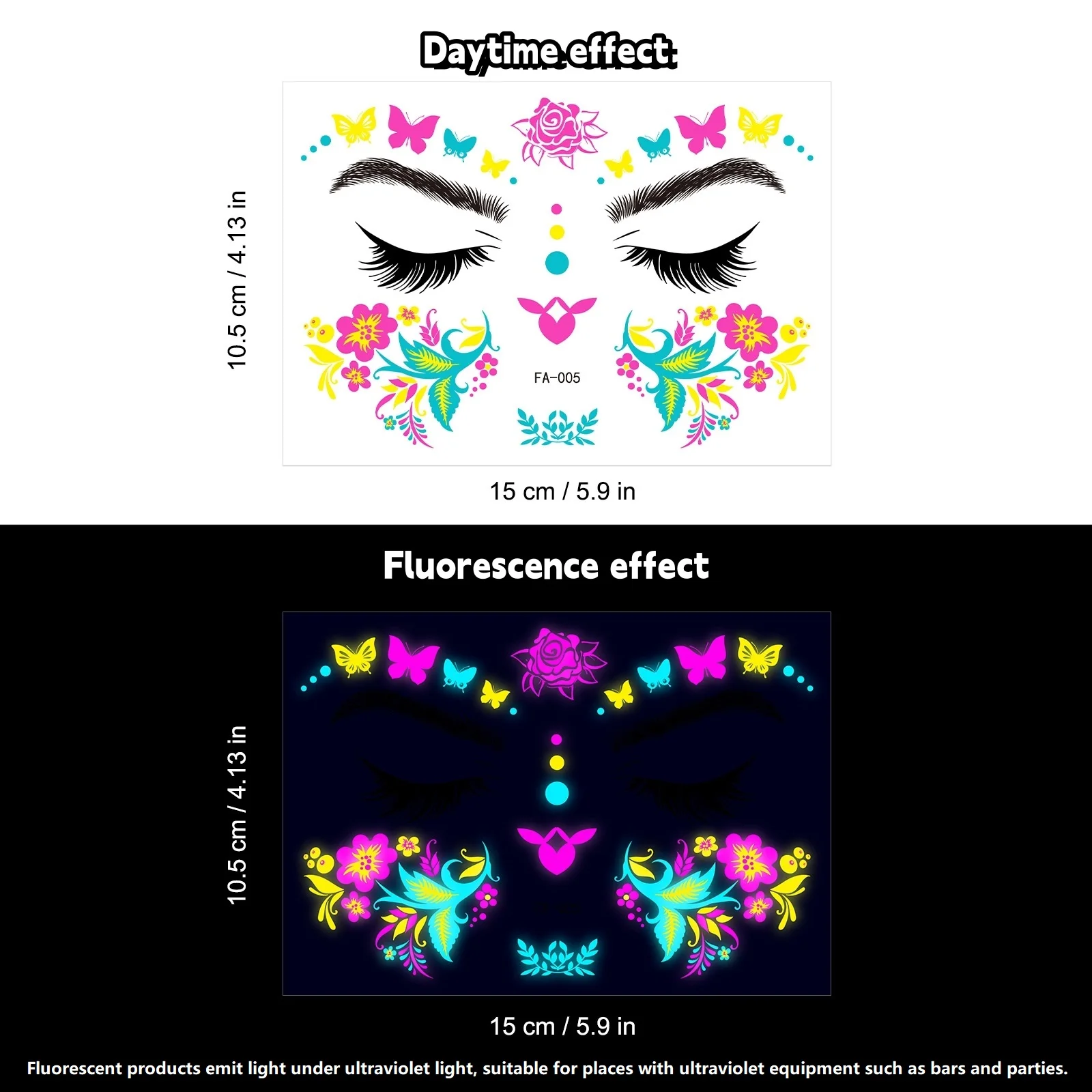 Fluorescent Temporary Tattoos Cute Cartoon Designs Waterproof for Kids Adults Parties Festivals