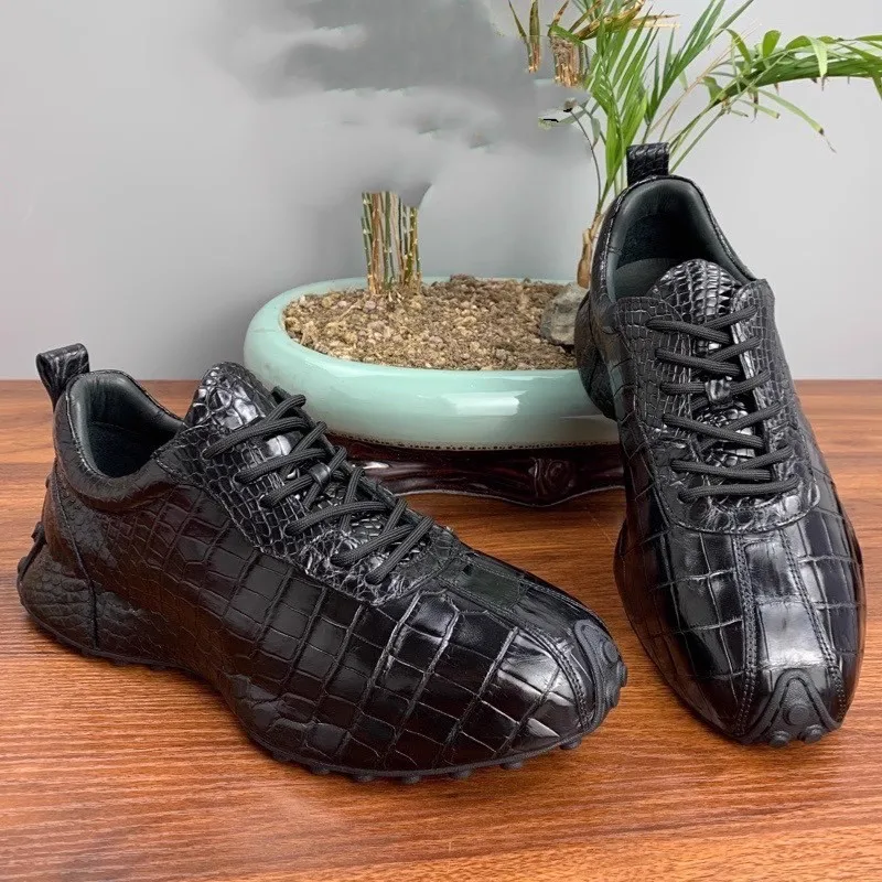 Spring Autumn Men Genuine Leather Shoes Vintage High Quality Crocodile Skin  Casual Sneakers Lace Up Round Toe Designer Shoes Men