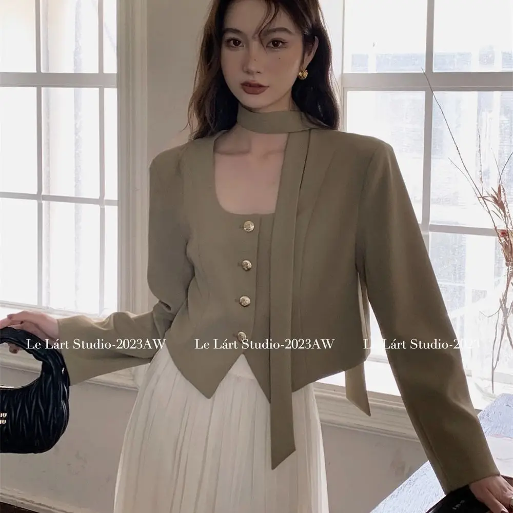 Woman Autumn Blazer New Korean Version Design Sense Lace Irregular Shirt French Elegant Temperament Short Suit Jacket