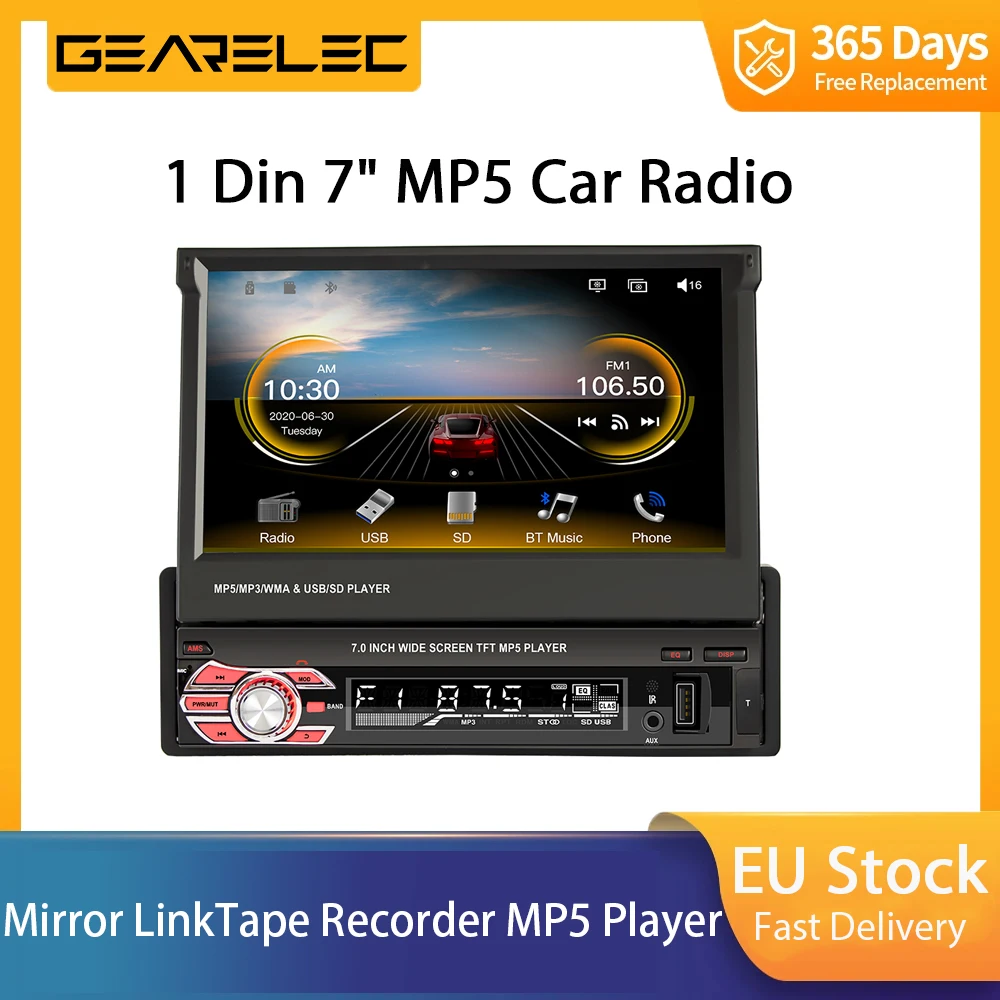1 Din Autoradio Stereo 7 "Schermo Retrattile Lettore Multimediale Autoradio Specchio Linktape Recorder Lettore Mp5