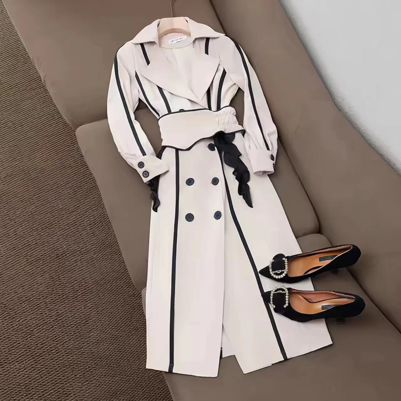 Women's Trench Coat, Double-Breasted, Adjustable Waist