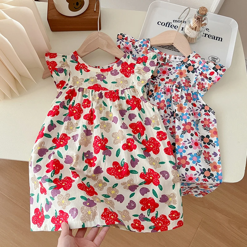 Toddler Kids Baby Girls Clothes Summer Linen Short Sleeve Embroidery Flower Pattern Princess Dress Casual Beach Dresses Outfits Girl Frocks, Infant