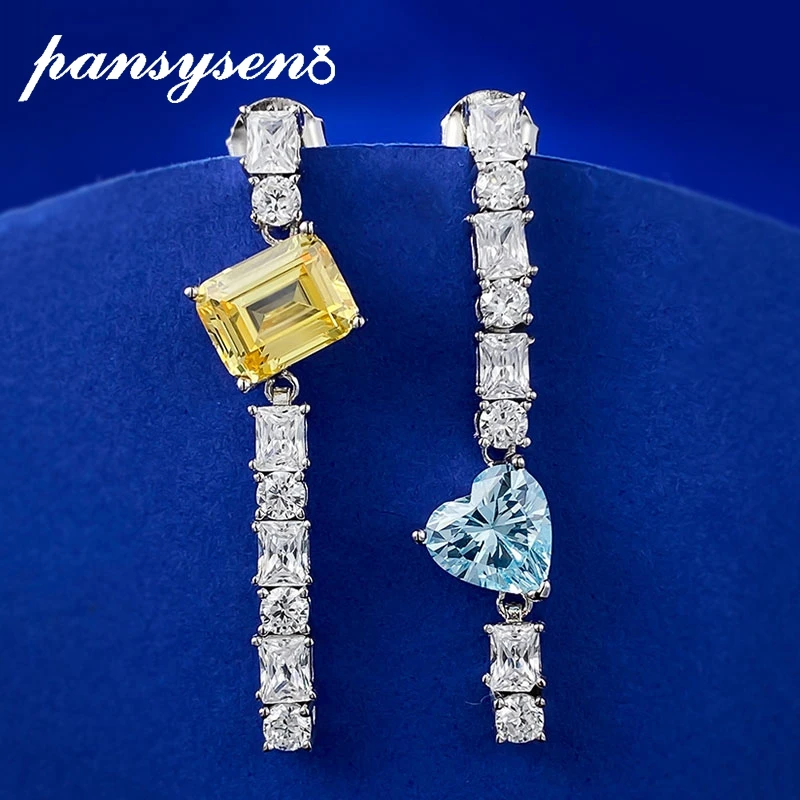 

PANSYSEN 925 Sterling Silver Heart Emerald Cut Citrine Aquamarine Gemstone 18K White Gold Plated Drop Earrings Fine Jewelry Gift