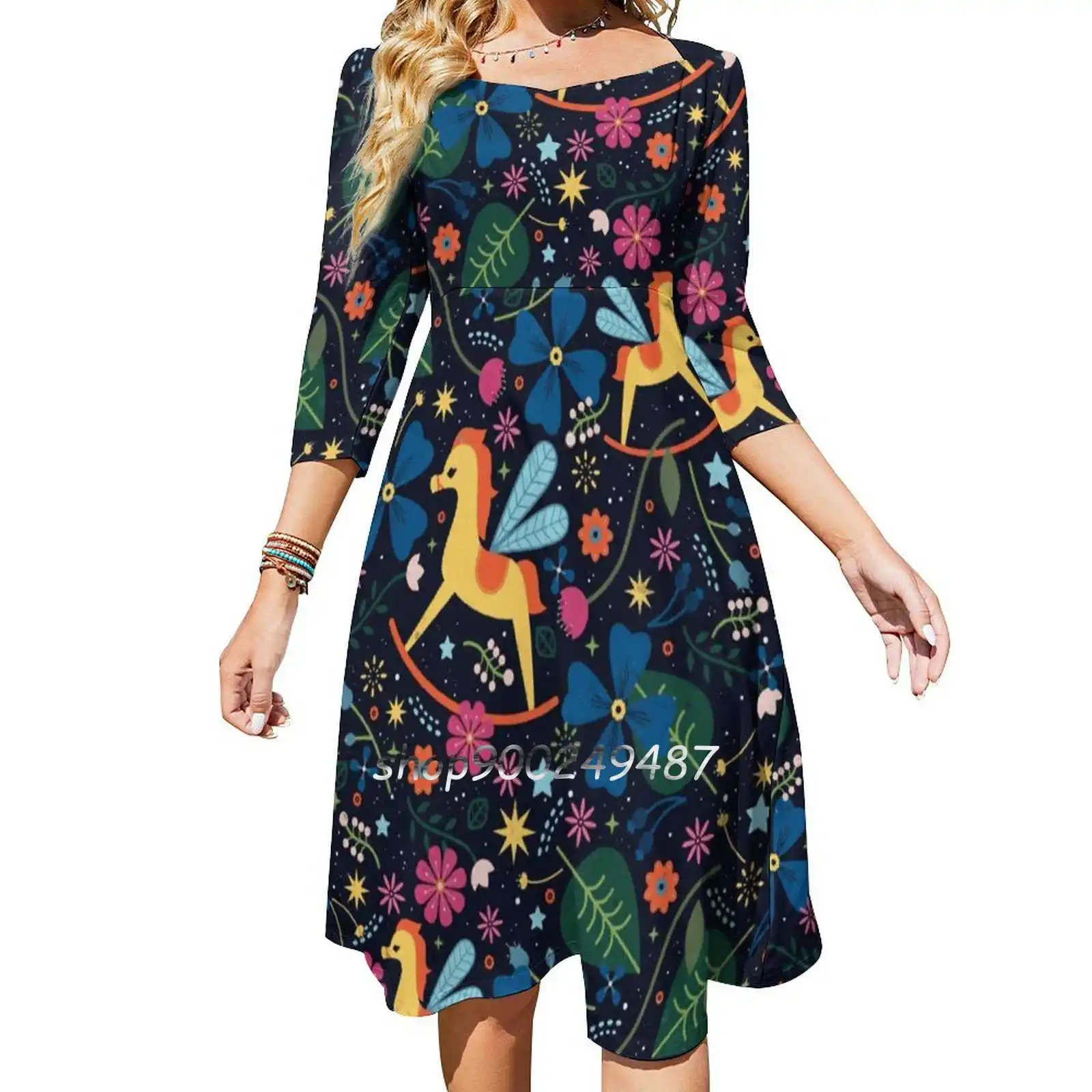 Rocking-Horse-Fly Sweet Elegant Dress Women Korean Kawaii Square Collar Dress Lewis Carroll Horse Pony Folk Decorative