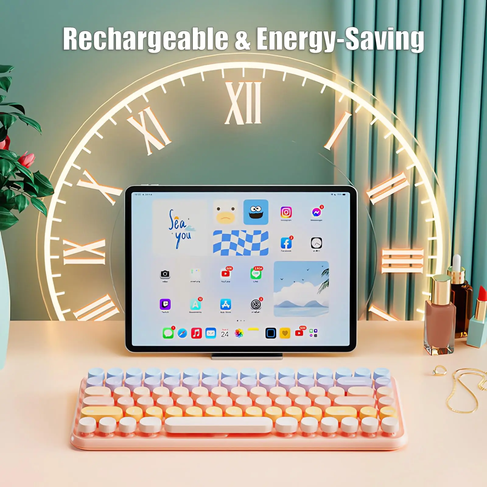 Retro wireless typewriter keyboard for computer desk setup