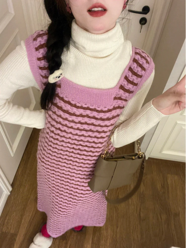 

Two Piece Sets Womens Outfit 2023 Autumn Grey Turtleneck Sweater + Korean Fashion Striped Contrrast Color Knitted Vest Dresses