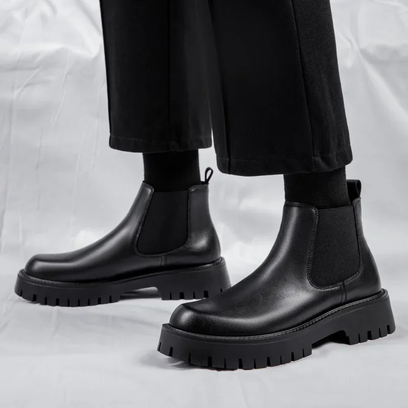 Italian Men's Boots High Top Outdoor Chelsea Boots Leather Ankle Men Platform Round Toe Boot