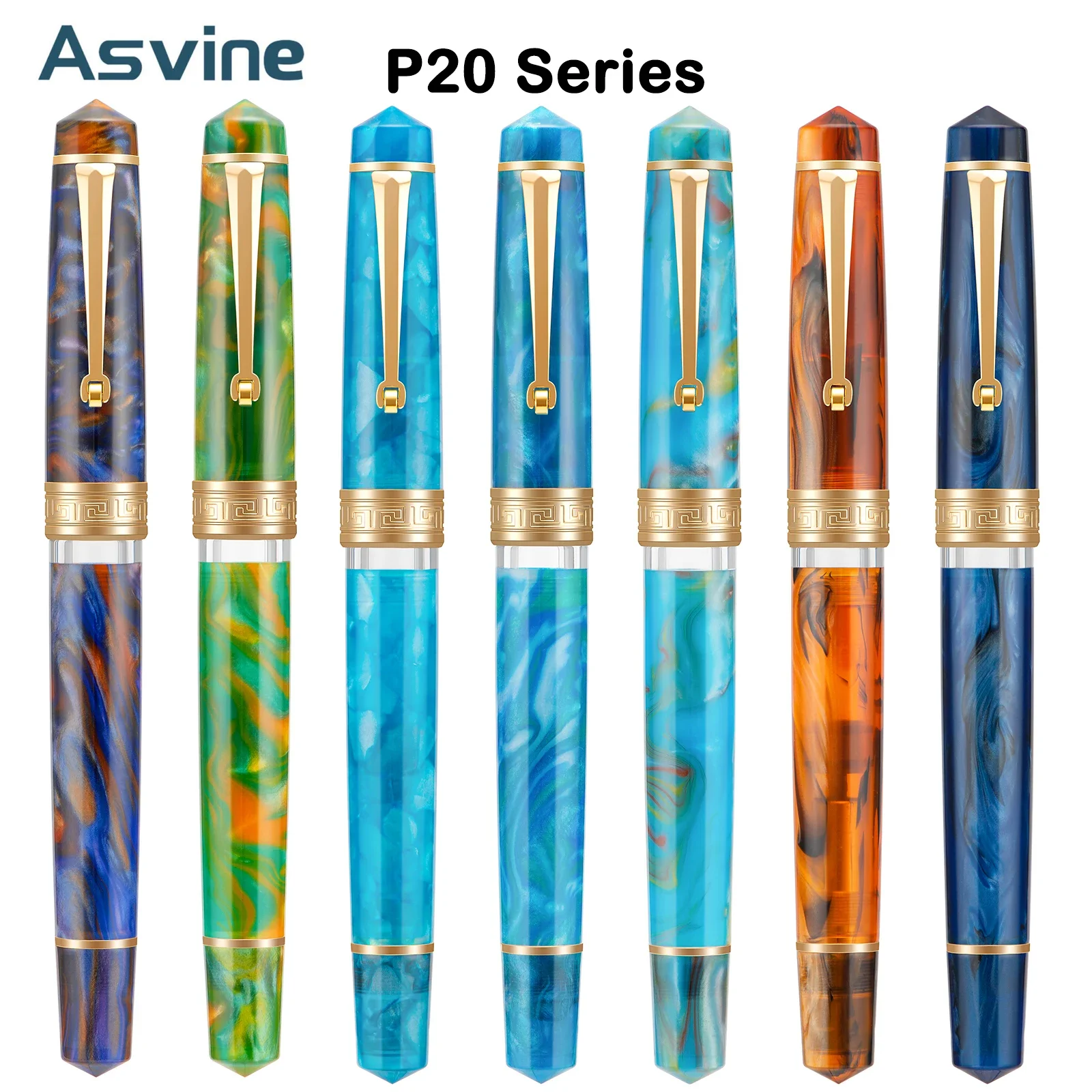 Asvine P20 Piston Filling Fountain Pen Acrylic Beautiful Patterns EF/F/M Nib with Golden Clip Office School Supplies Stationery