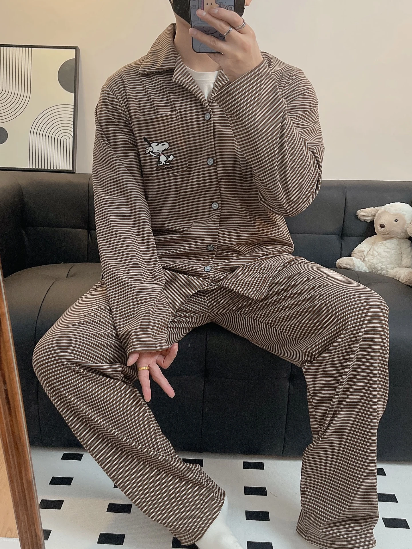 남성용 잠옷 가디건 벨벳 긴팔 레저 스타일 홈웨어 세트 강아지 패턴 칼라 가을 겨울 따뜻한 홈웨어