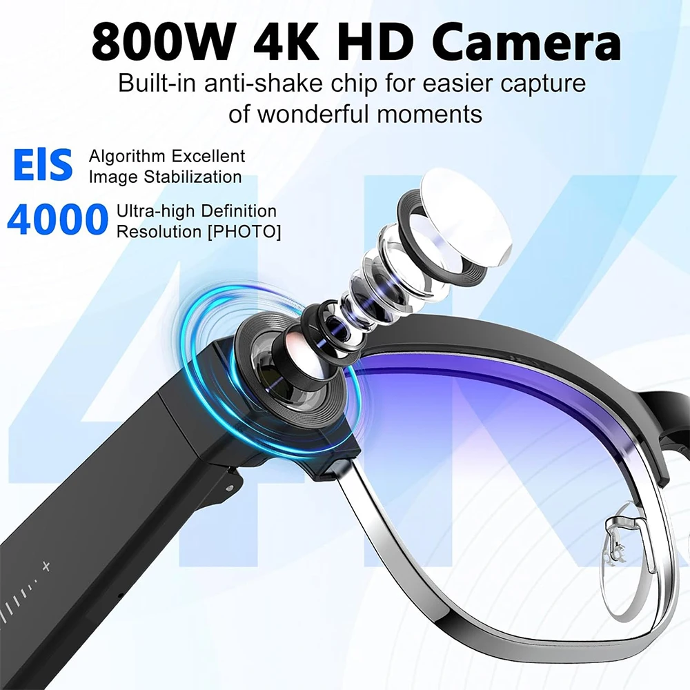 Occhiali Smart AI 4K con Fotocamera da 8MP, Registrazione Video, Riconoscimento Foto, Traduzione, Chiamate BT, Lenti Fotocromatiche, Impermeabili - immagine 3