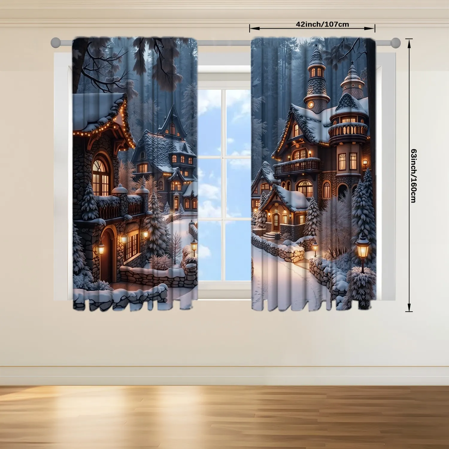 Description Picture 6 of item2pcs Winter Town Snow Scenery Printed Curtain for Christmas Home Decor - Rod Pocket Window Treatment for Bedroom,Office,Kitchen