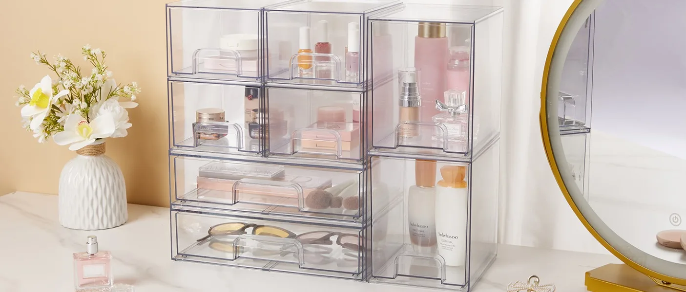 Description Picture 2 of itemVtopmart 4 Pack Large Stackable Storage Drawers,Clear Acrylic Drawer Organizers with Handles, Easily Assemble for Bathroom