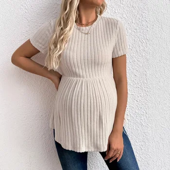 Clothes for Pregnant Women Round-neck Pullover Knitted Top Maternity Clothing Short-sleeved T-shirt Pregnancy Clothes