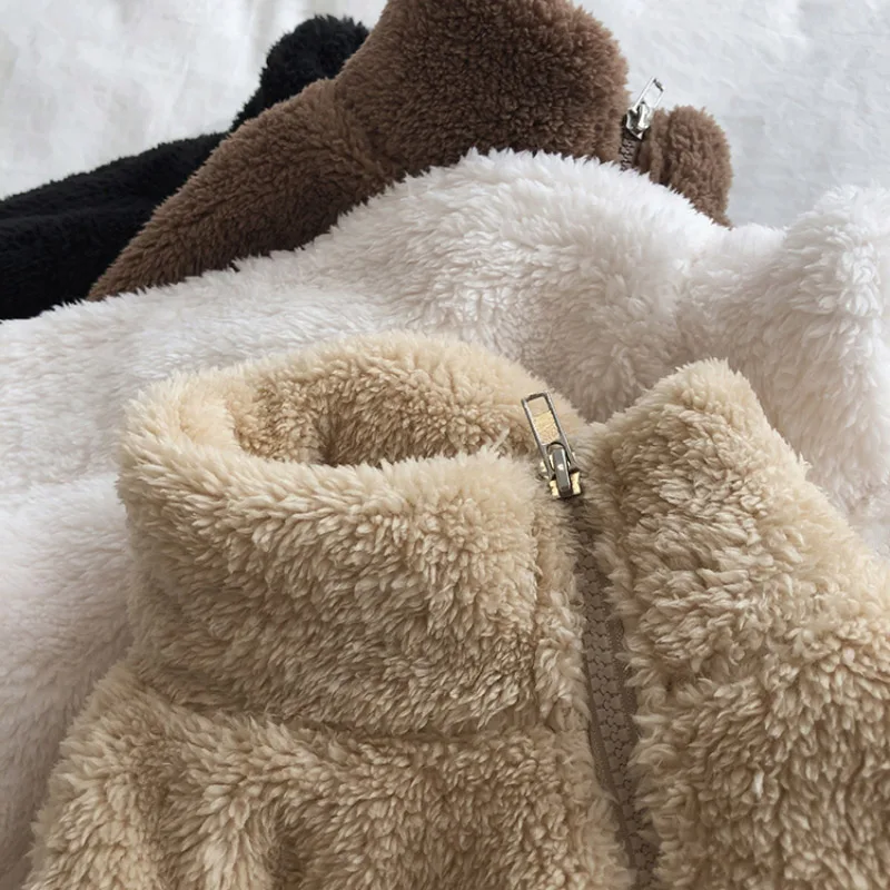 Korean Style Simple Fleece Thermal Cardigans Women's Fall Winter Thick Outerwear Solid Color Casual Oversized Sweatshirts