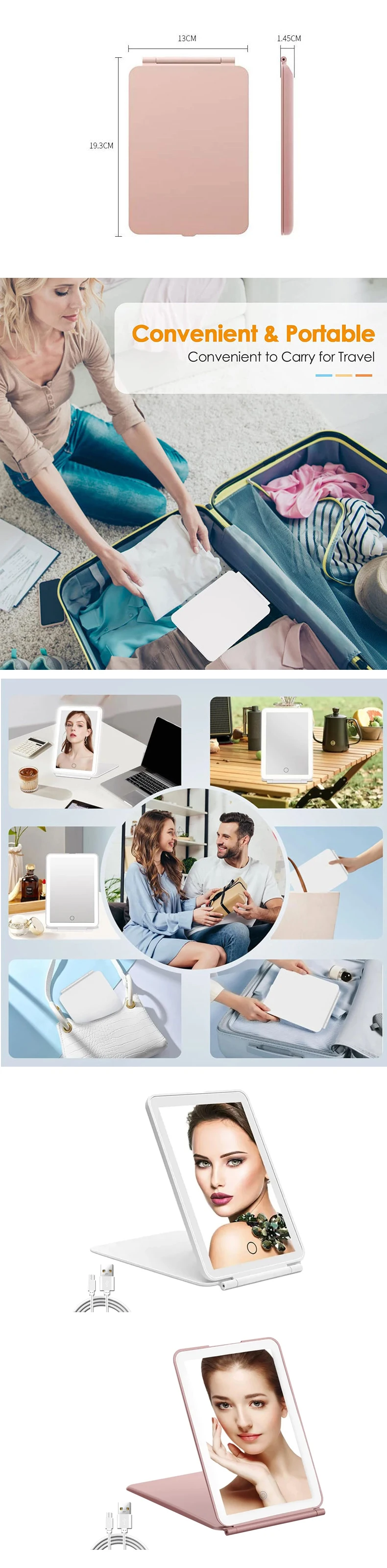 Description Picture 4 of itemPortable Vanity Mirrors 3 Color LED Light Dimmable Touch Screen Makeup Mirror Rechargeable Foldable Tabletop Light Up Mirror