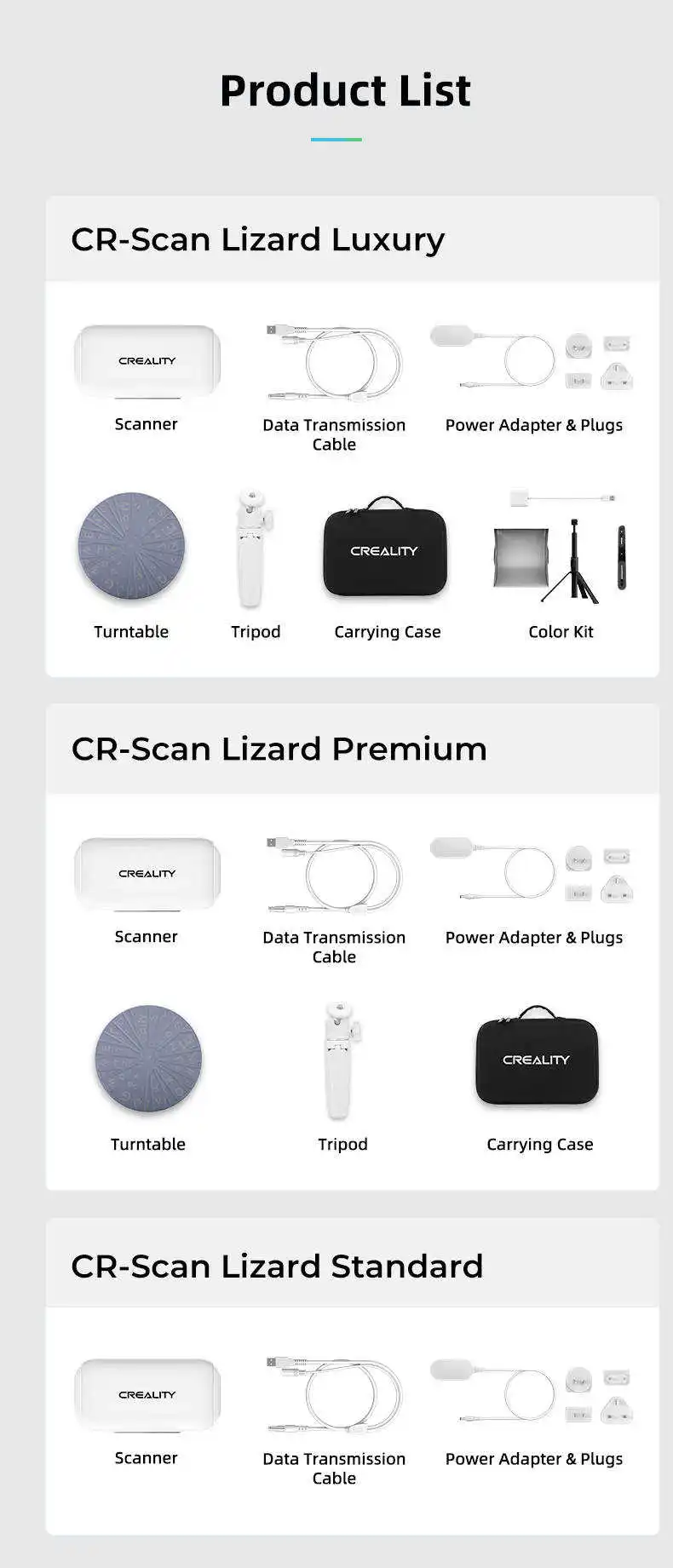 CR-SCAN 도마뱀 3D 프린터 스캐너 프리미엄 버전, 턴테이블 및 삼각대 포함, 휴대용, CR 스캔