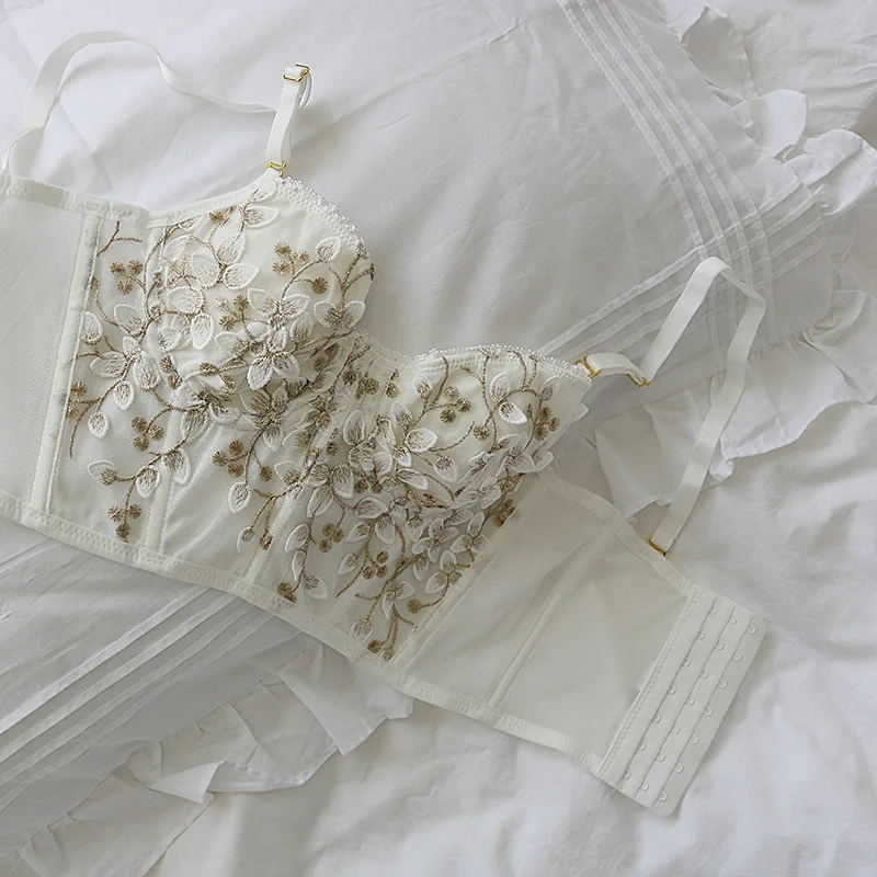 Three-dimensional embroidered bra sexy lace fish bone corset widened breasted with steel ring 2/1 half cup bralette underwear 3