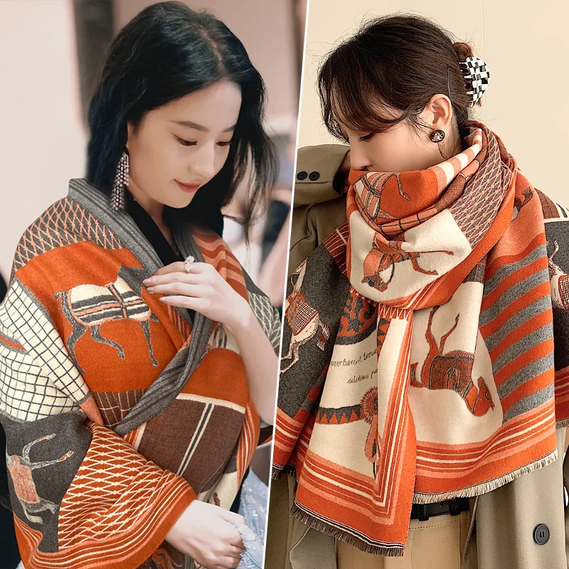 Fashion Winter Thick Warm Cashmere Hijab Shawl Women Luxury Horse Carriage Chain Blanket Scarves Wrap Foulards Pashmina Stole