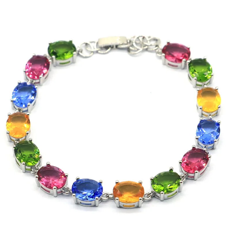 

17g 925 SOLID STERLING SILVER BRACELET Elegant Aquamarine London Blue Topaz Pink Tourmaline Violet Tanzanite CZ Ladies Party