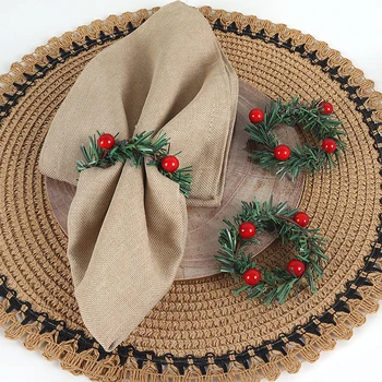 6 pezzi di anelli di fiori con aghi di pino rosso, ringraziamento, Natale, decorazioni per la tavola di nozze, portatovaglioli 1
